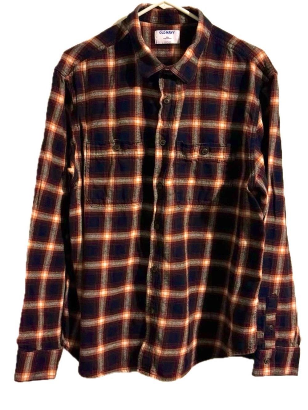 Old Navy Men’s Flannel Shirt Plaid Long Sleeve Button Down Navy Blue Orange XXL